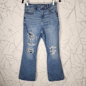 American Eagle Distressed Ripped Curvy Super High Rise Flare Jeans